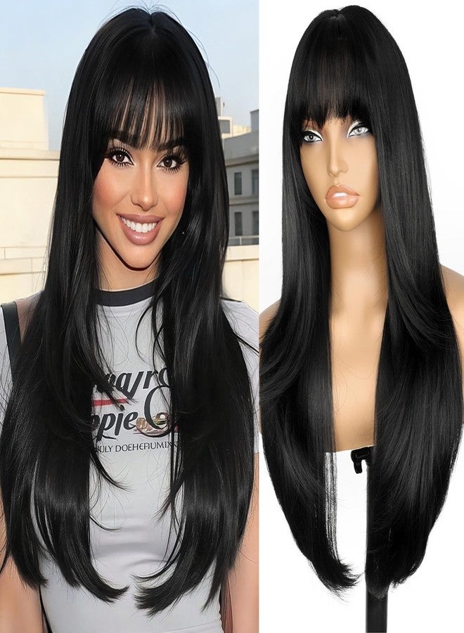 Nnzes Black 26-inch Long Wig with Bangs for Women - Straight Layered Style, Realistic Scalp, Freestyle Parting, Natural-Looking & Heat-Resistant Synthetic Hair for Daily and Party Use - Image 1